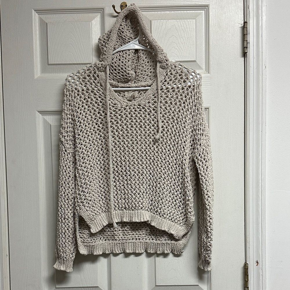 ARTELIER NICOLE MILLER Chunky Cropped Knit Hoodie Sweater in Beige